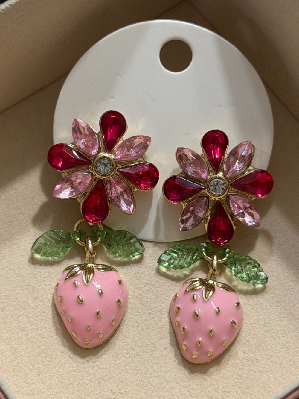Elegant & Cute Golden Pink Floral Crystal Rhinestone Strawberry Earrings